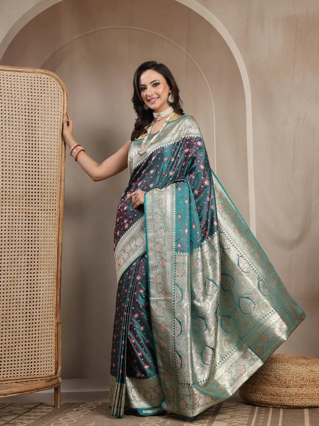 Side Drape View of Rama Green Banarasi Silk Saree for Festive Wear