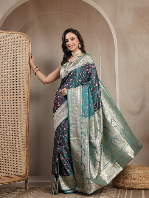 Side Drape View of Rama Green Banarasi Silk Saree for Festive Wear