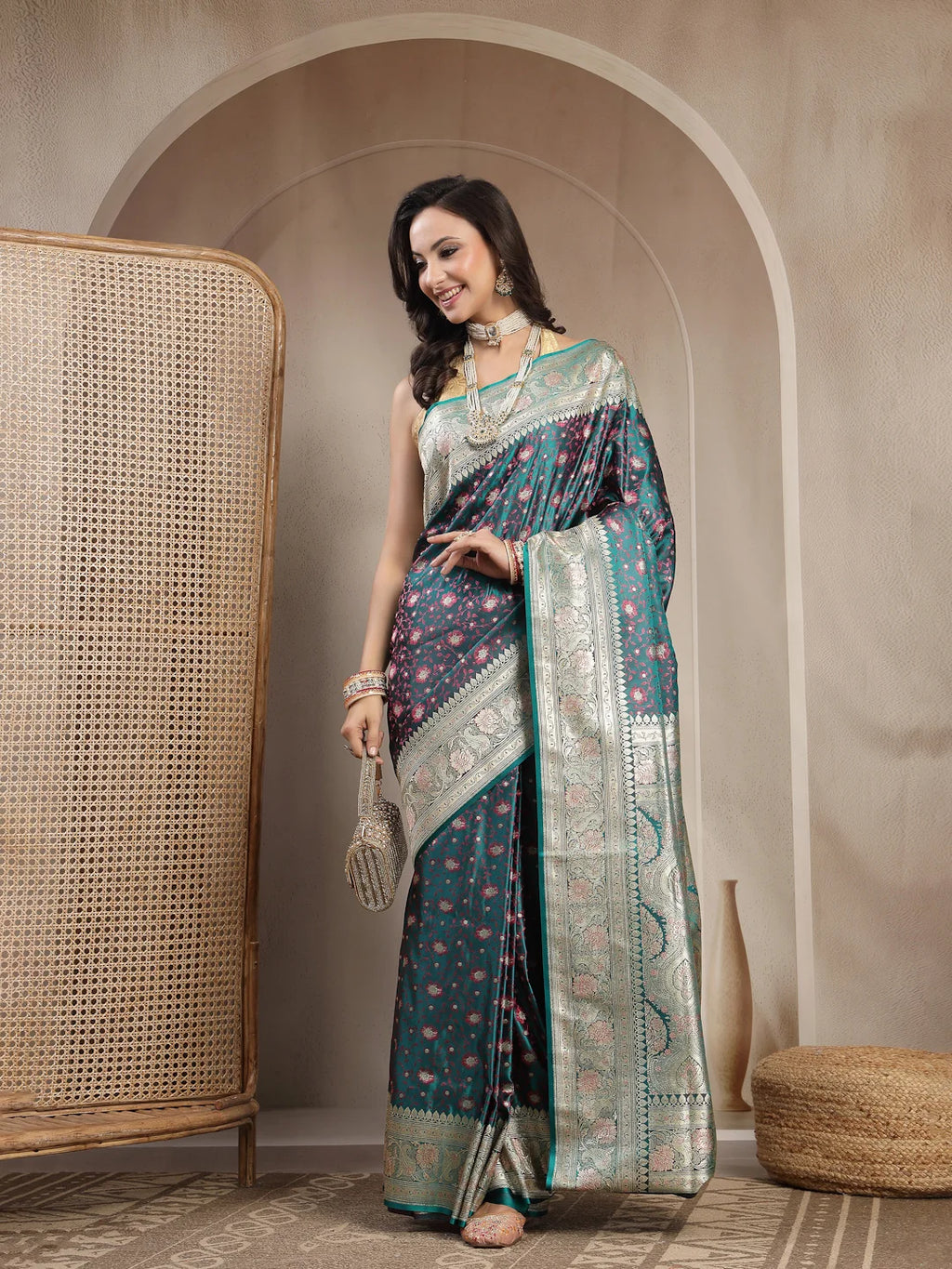 Full Length Shot of Rama Green Banarasi Pure Silk Saree