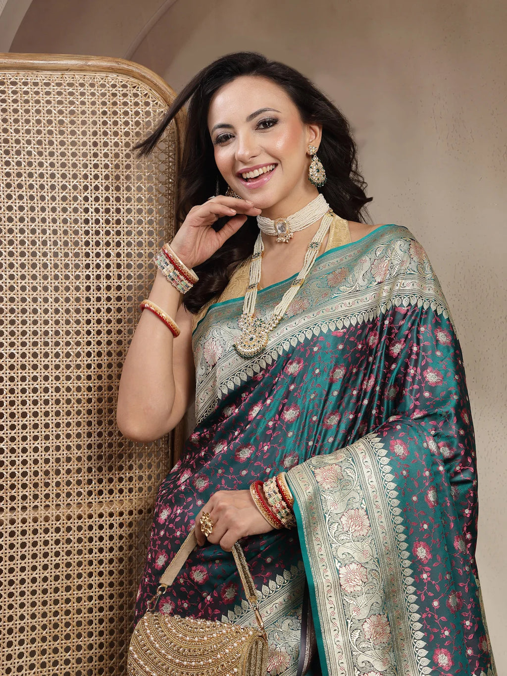 Model Wearing Rama Green Banarasi Silk Saree with Gold Neckpiece