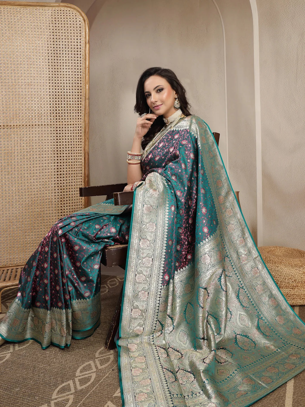 Rama Green Silk Saree with Golden Zari Work - Traditional Wedding Wear