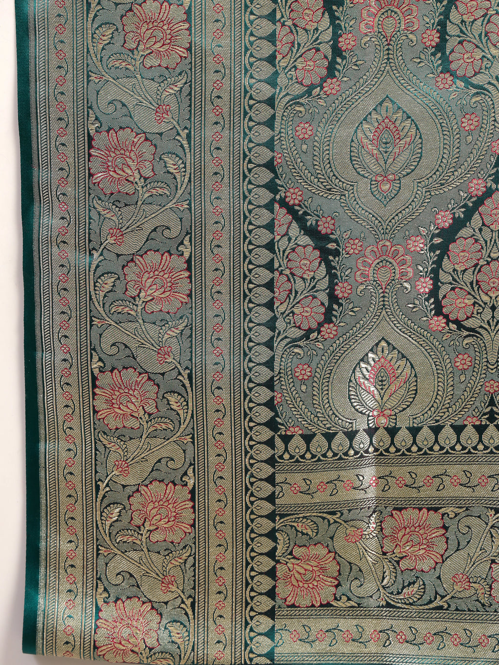 Close up of Traditional Zari Weaving Pallu Motif on Rama Green Silk Saree