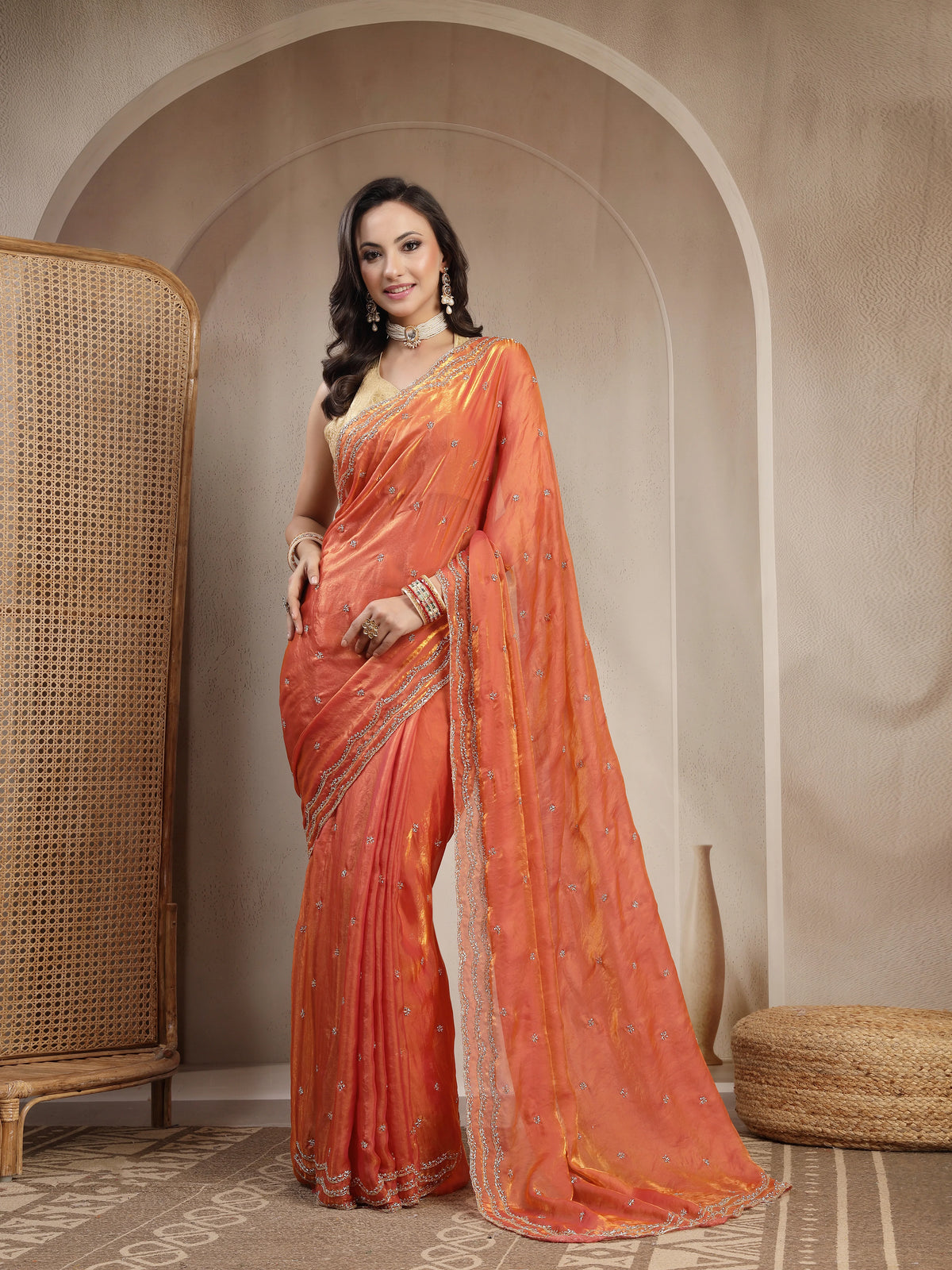 Rust Orange Space Silk Saree with 3 Line Handwork Border - Sukunj