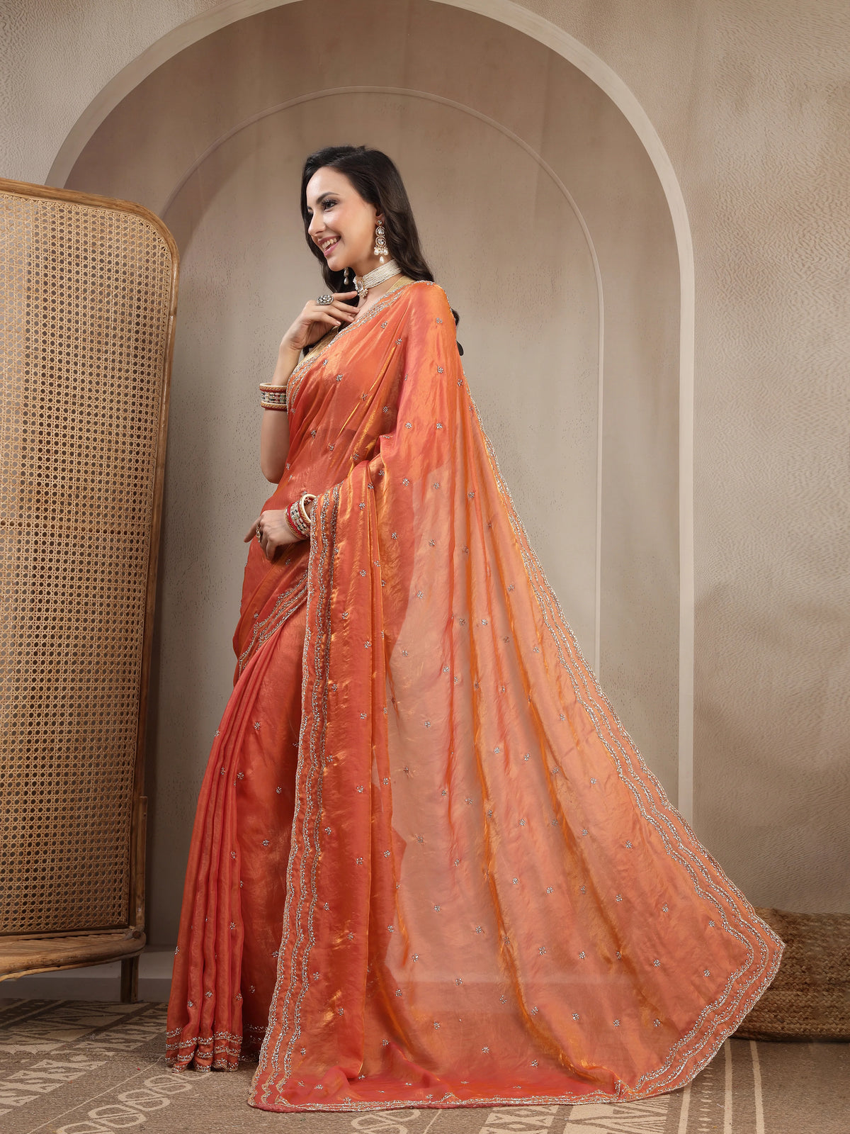 Full Length View of Rust Handwork Space Silk Saree