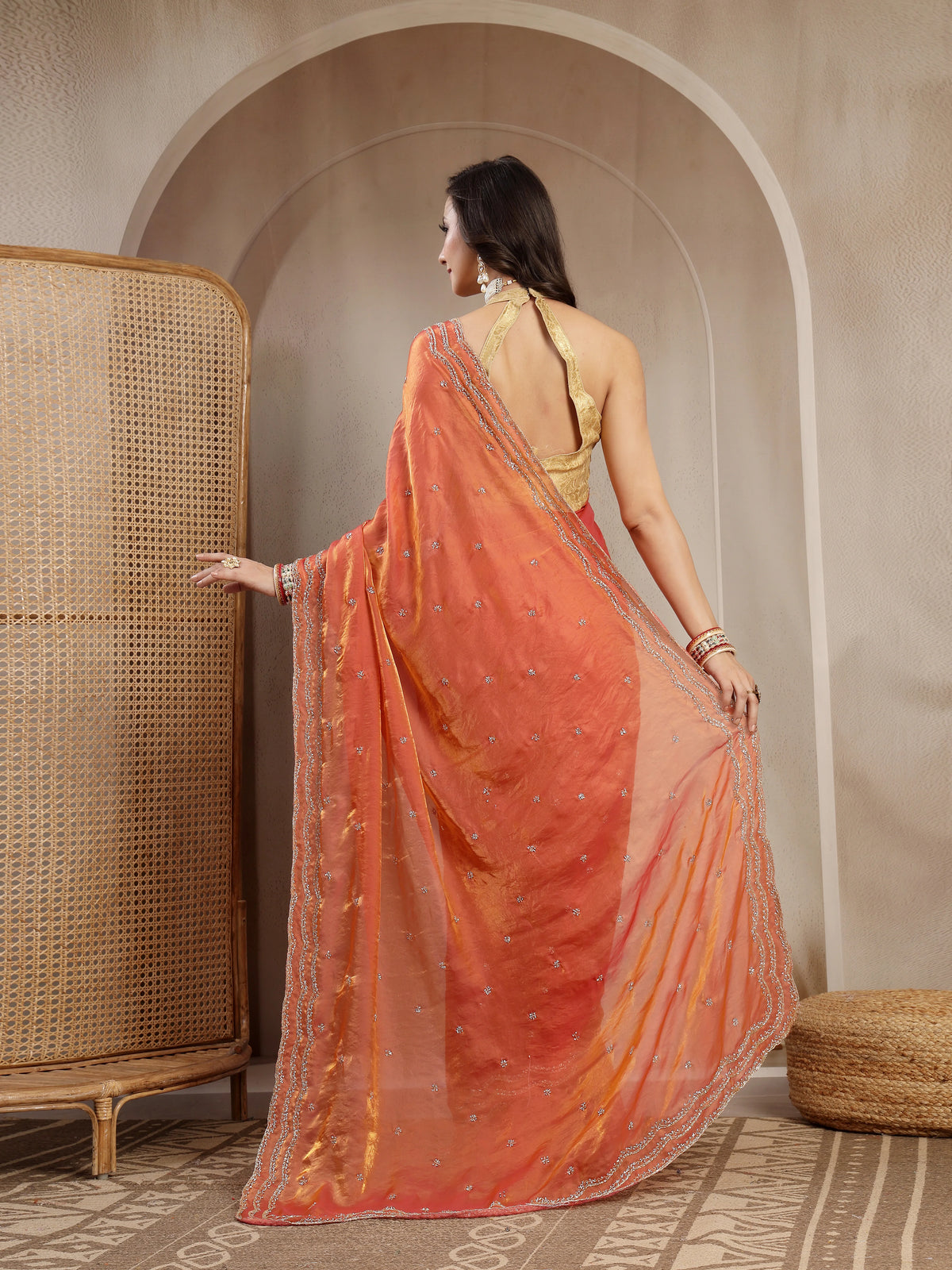 Back Drape View of Rust Space Silk Saree for Festive Wear
