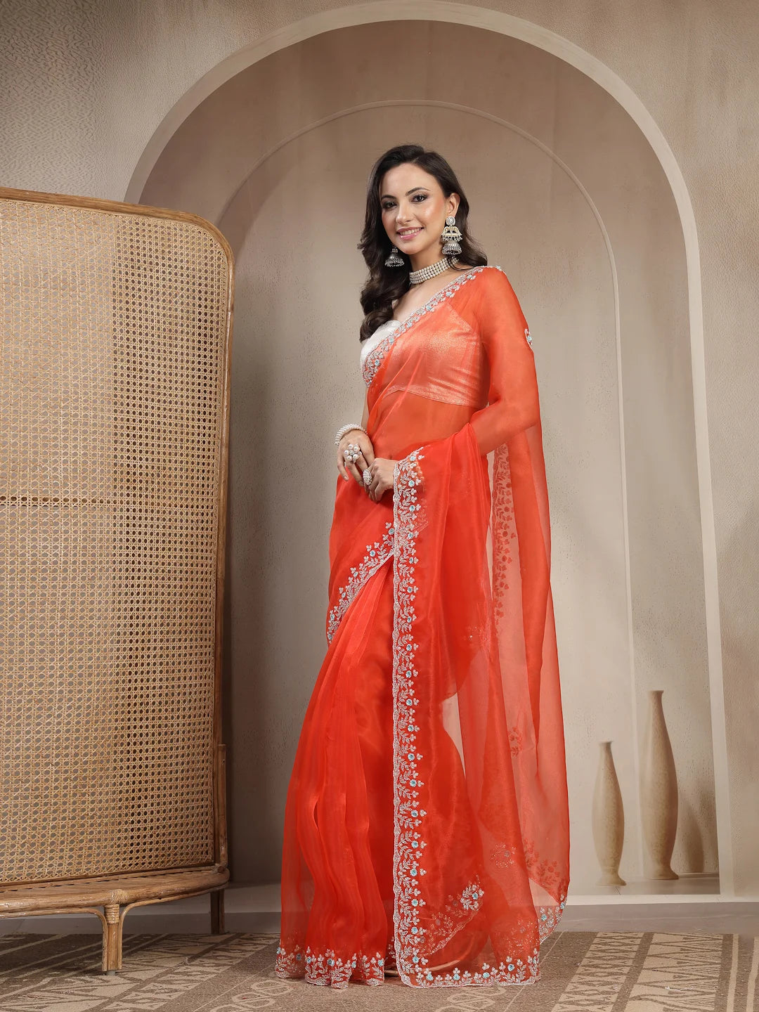 Full Length Model Shot in Orange Floral Tissue Saree
