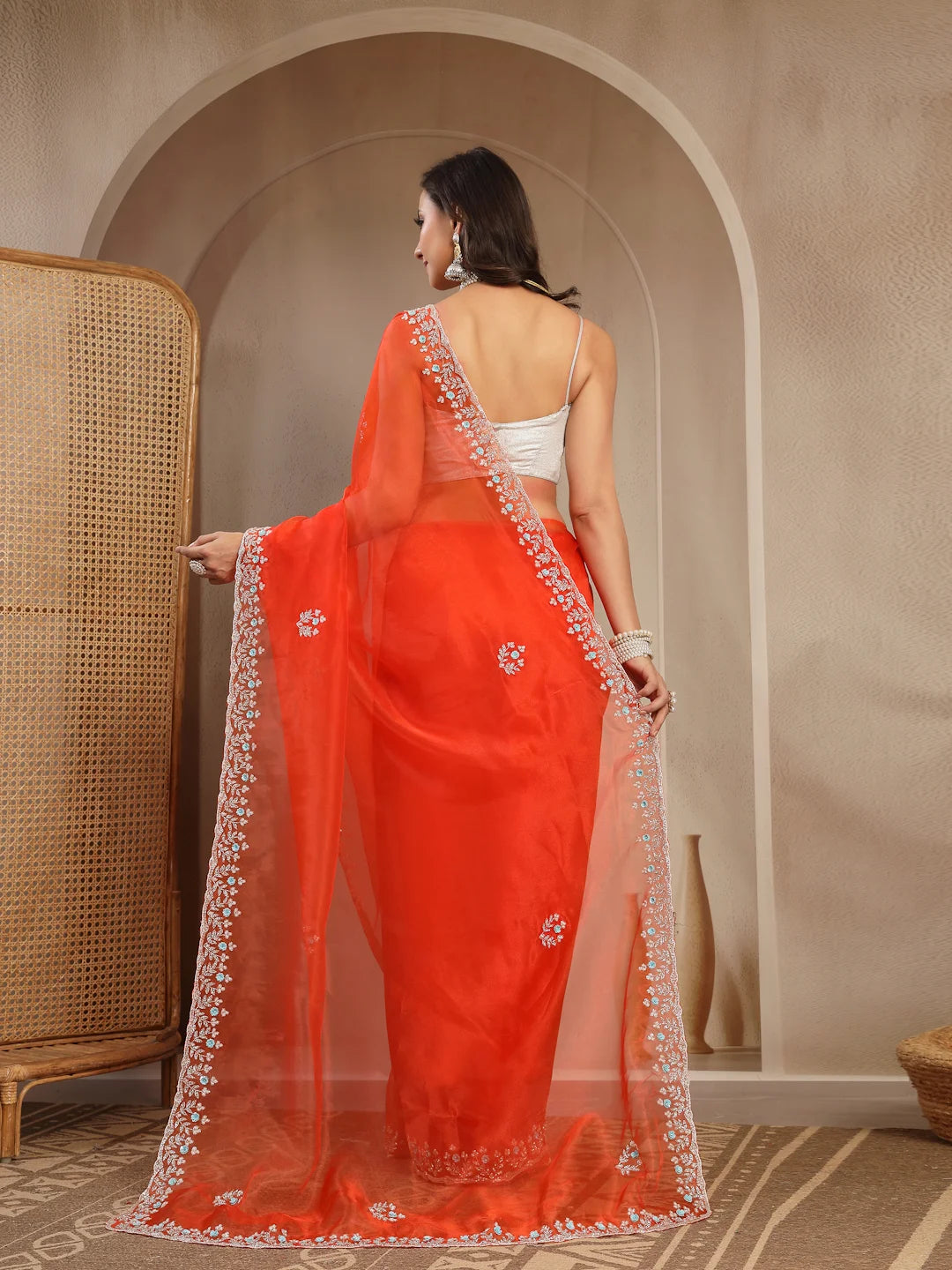 Back Drape and Fall View of Orange Scalloped Border Tissue Saree