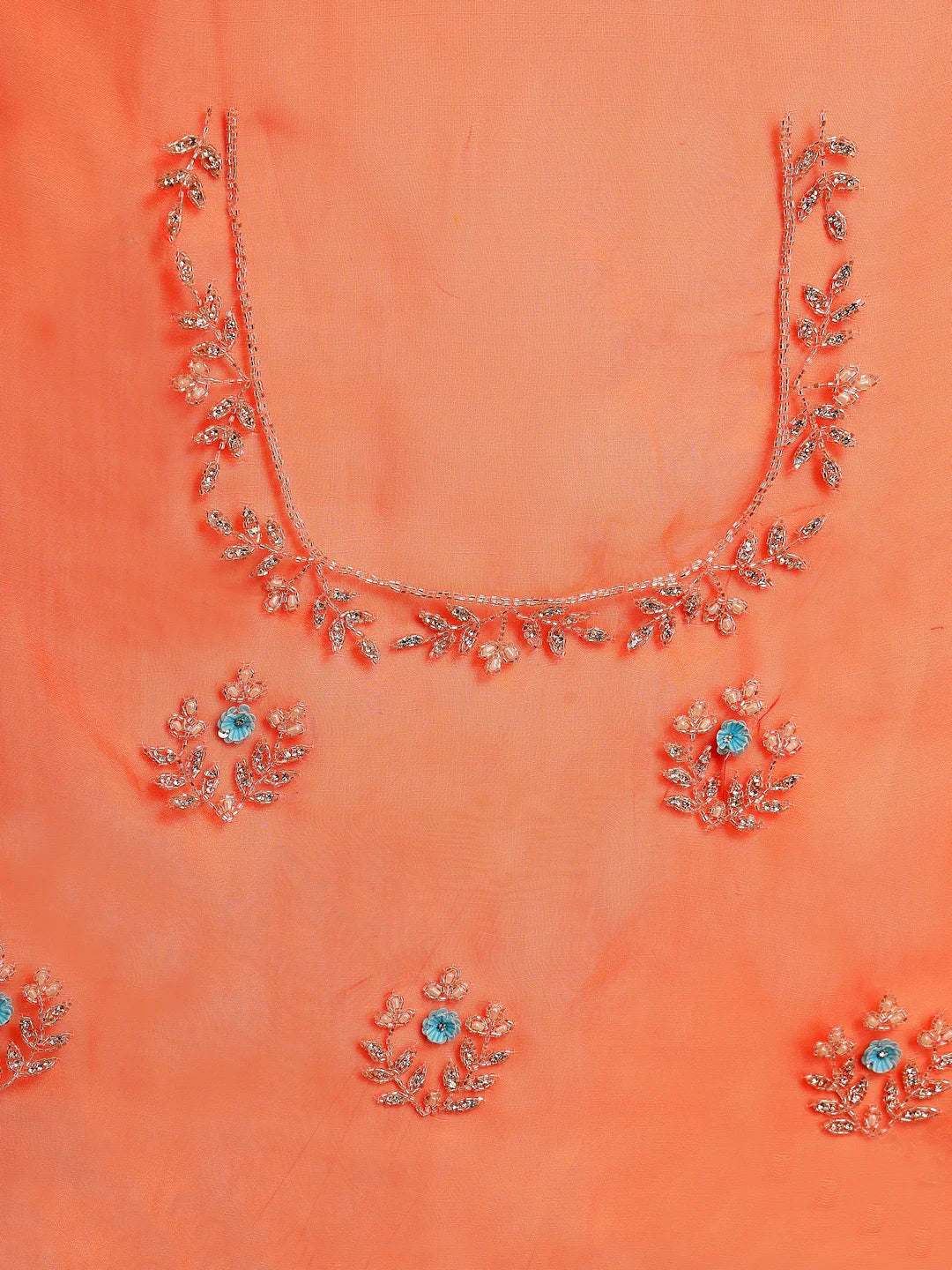 Unstitched Tissue Blouse Piece with Floral Neckline Embroidery