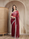 Wine Red Soft Twill Net Saree with Silver Scalloped Border - Sukunj