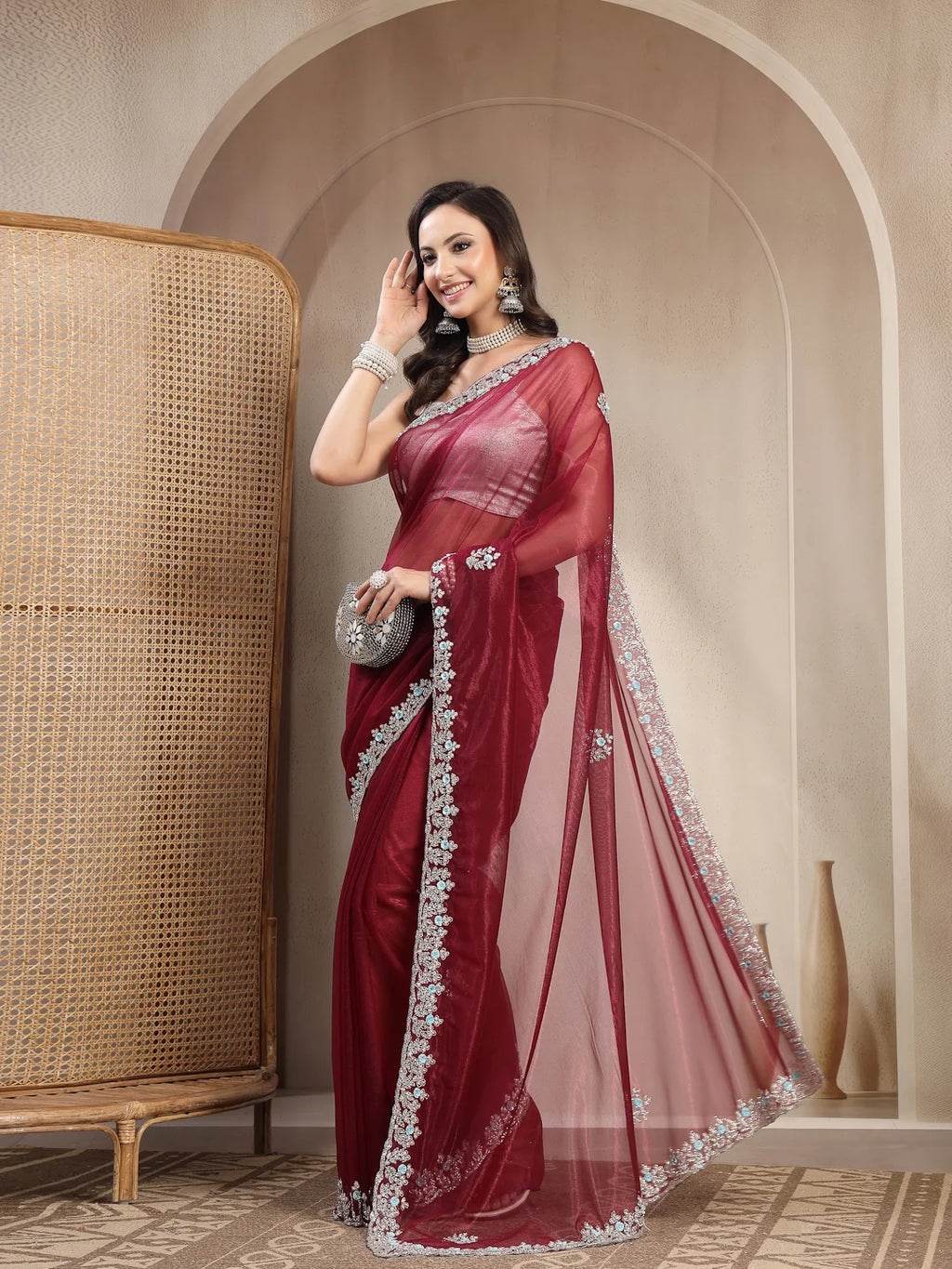 Side View of Elegant Wine Red Net Saree for Evening Wear
