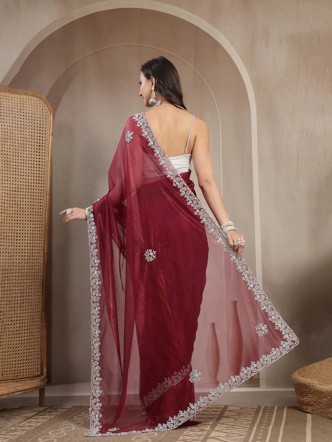 Back View and Pleats Styling of Wine Red Silver Border Net Saree