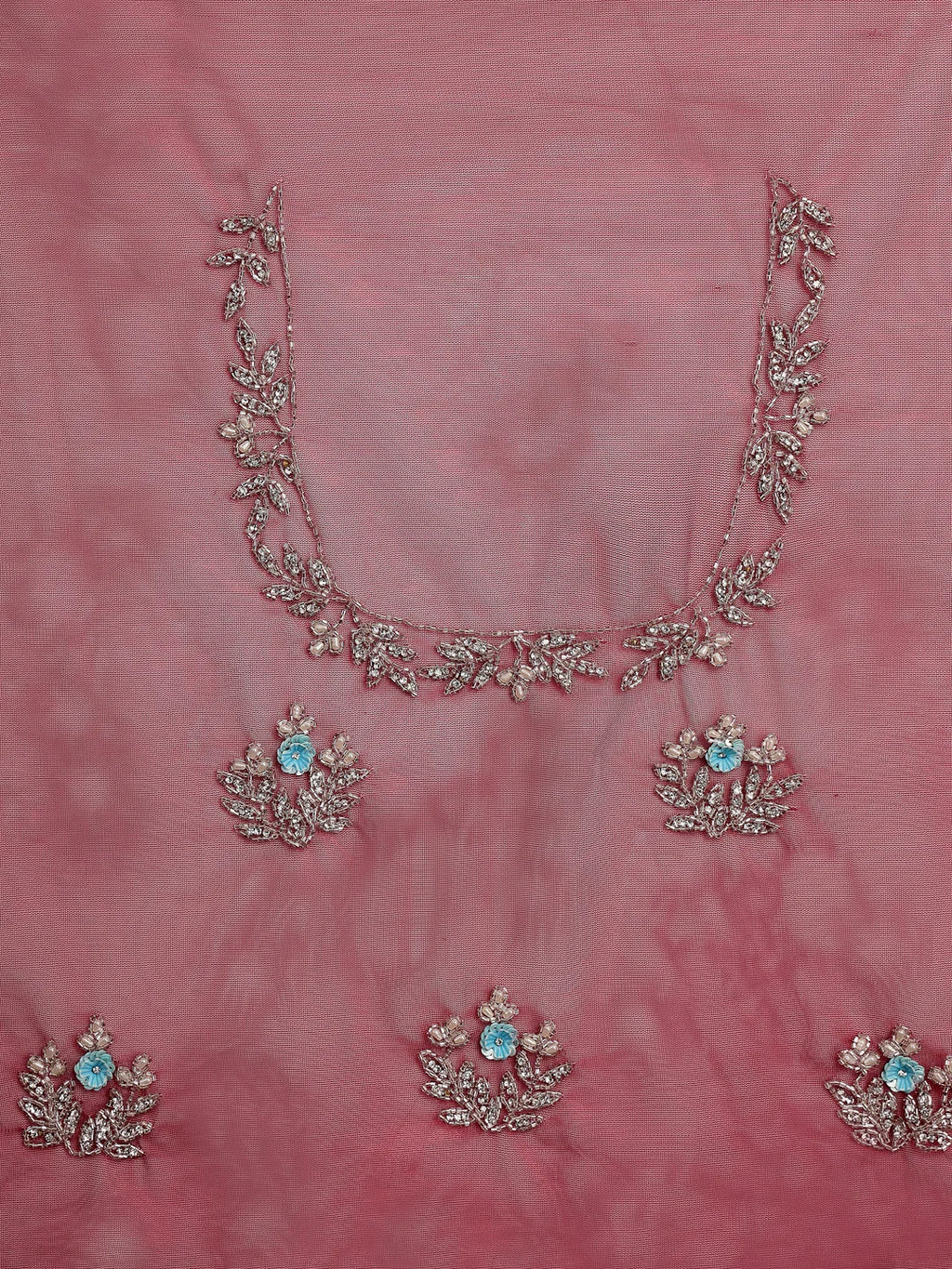 Matching Wine Red Net Blouse Piece with Silver Floral Embroidery Work