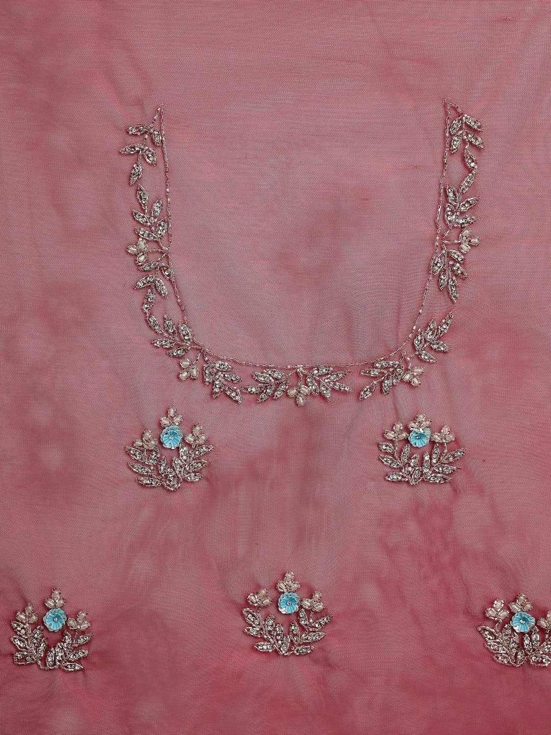 Matching Wine Red Net Blouse Piece with Silver Floral Embroidery Work