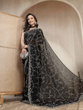 Jet Black Space Silk Saree with Silver Heavy Jaal Work - Sukunj