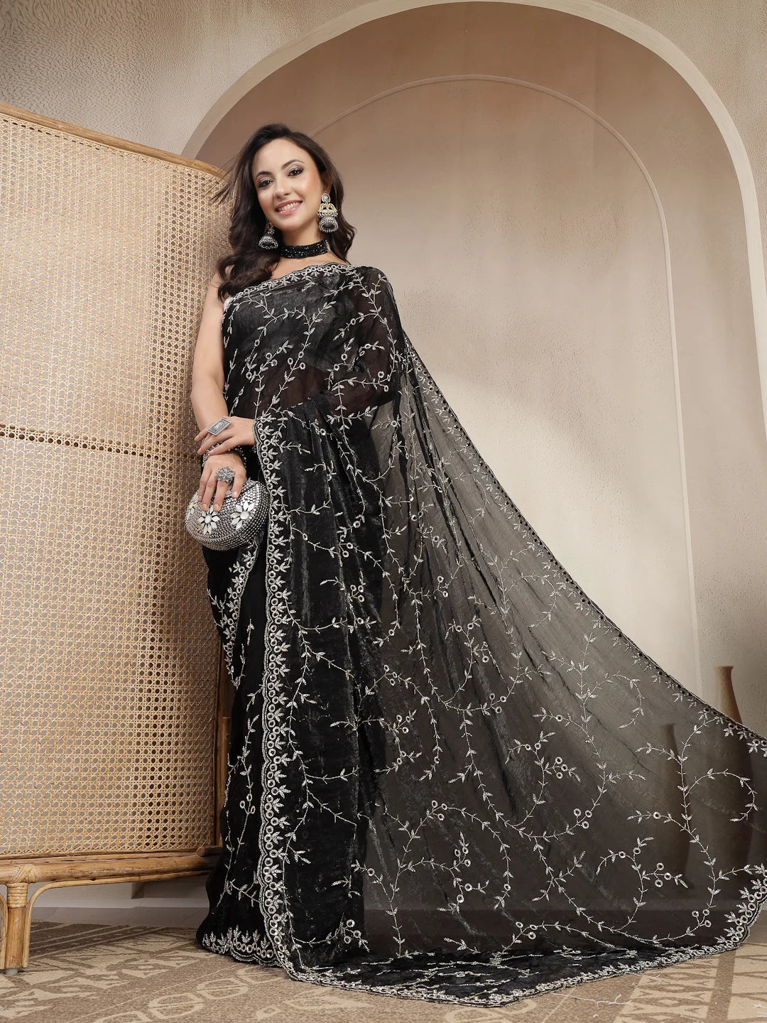 Jet Black Space Silk Saree with Silver Heavy Jaal Work - Sukunj