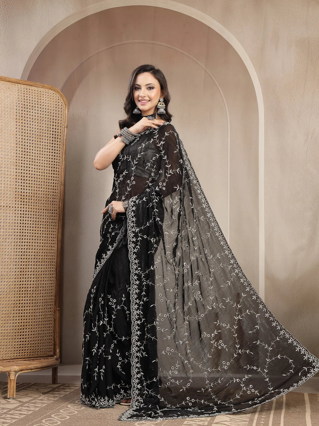 Side View of Jet Black Space Silk Threadwork Saree