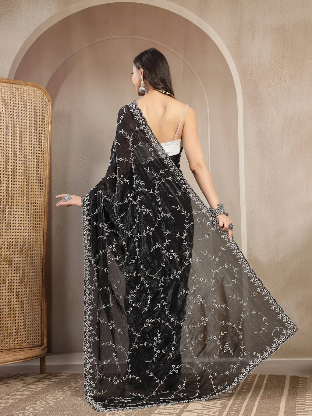 Back Drape View of Jet Black Heavy Work Space Silk Saree