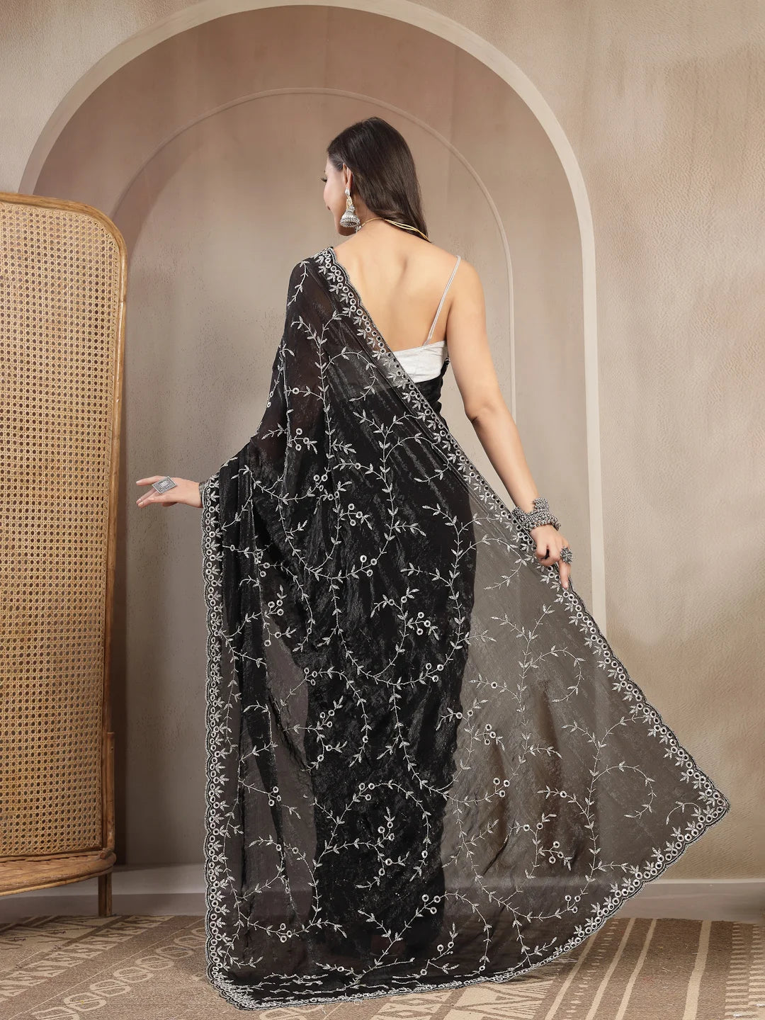 Back Drape View of Jet Black Heavy Work Space Silk Saree