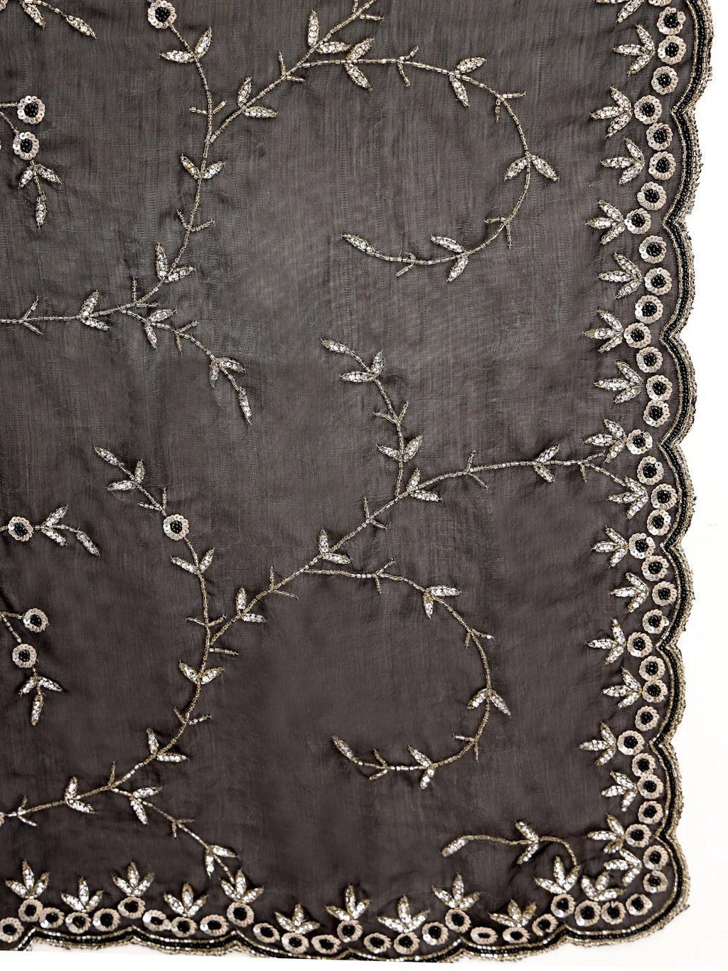 Close up View of Jet Black Space Silk Fabric and Sequin Work