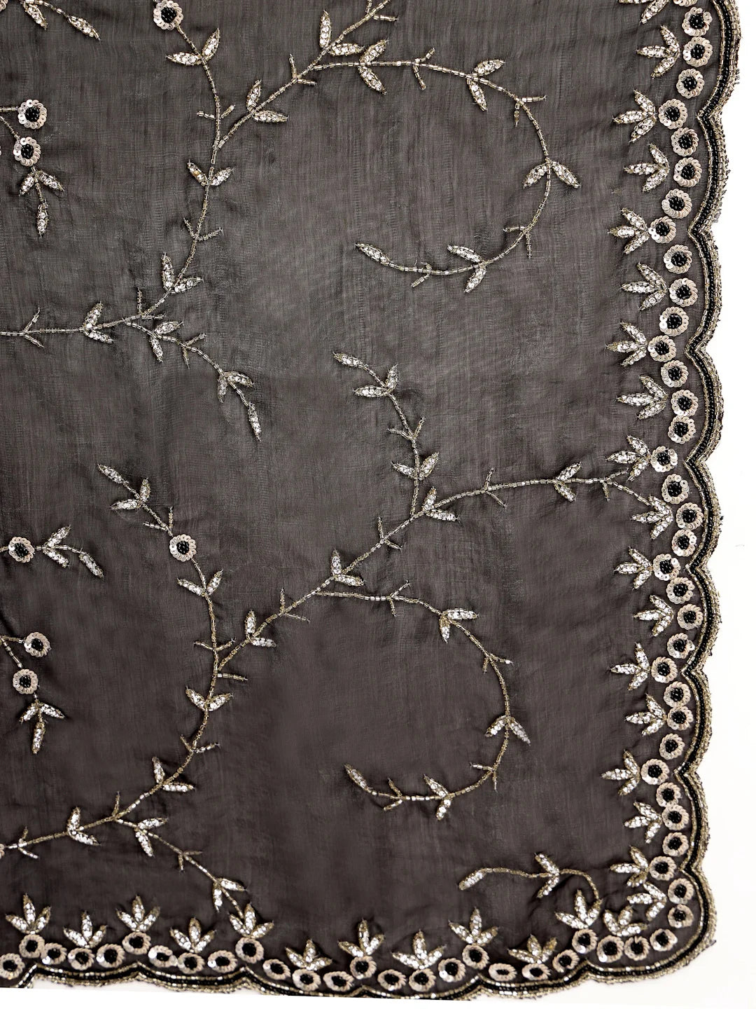 Close up View of Jet Black Space Silk Fabric and Sequin Work