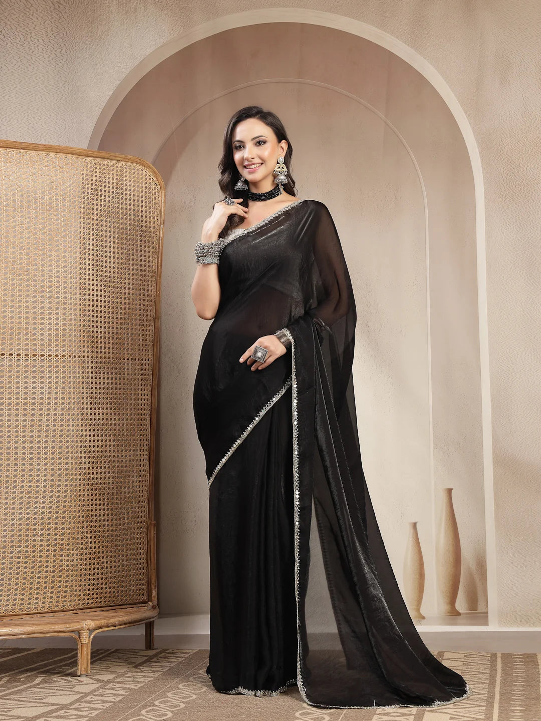 Jet Black Space Silk Saree with Mirror Work Border - Sukunj