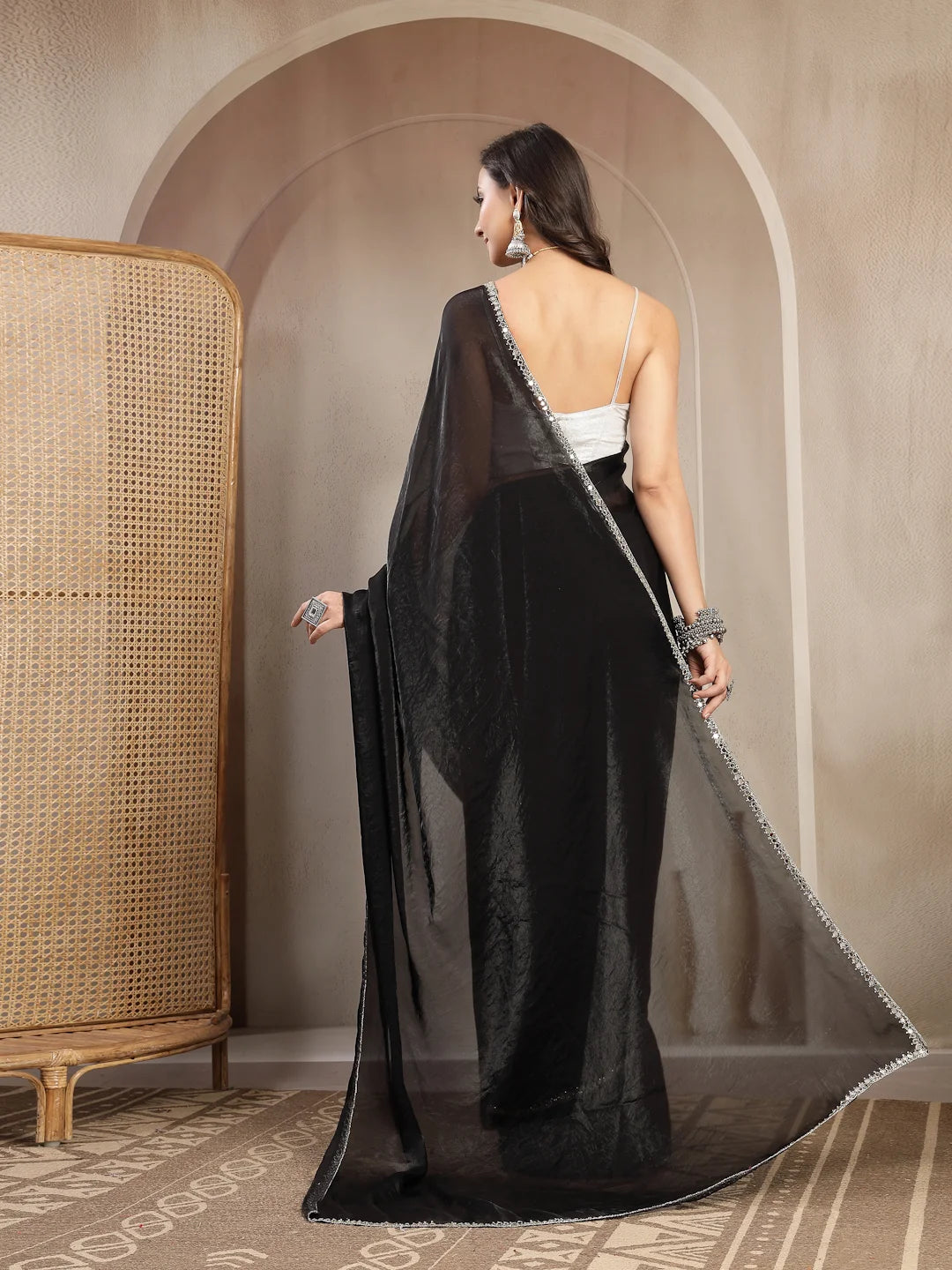 Back Drape and Fall View of Jet Black Mirror Work Silk Saree