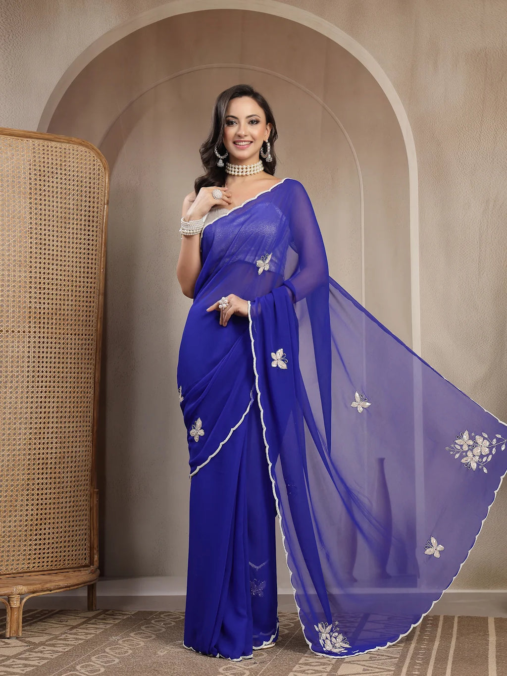 Full Length Shot of Royal Blue Georgette Partywear Saree