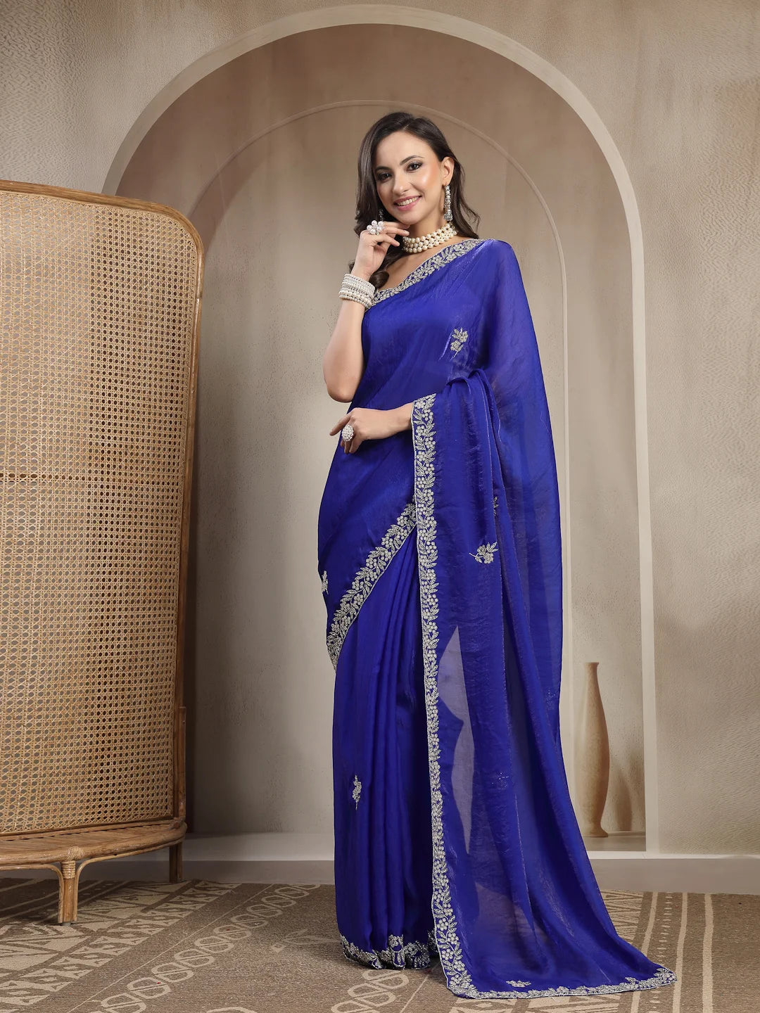 Side Drape View of Royal Blue Space Silk Partywear Saree