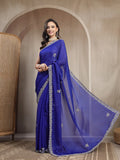 Royal Blue Space Silk Saree with Elegant Handwork Border - Sukunj