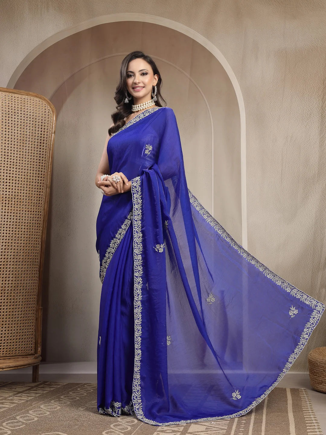 Royal Blue Space Silk Saree with Elegant Handwork Border - Sukunj
