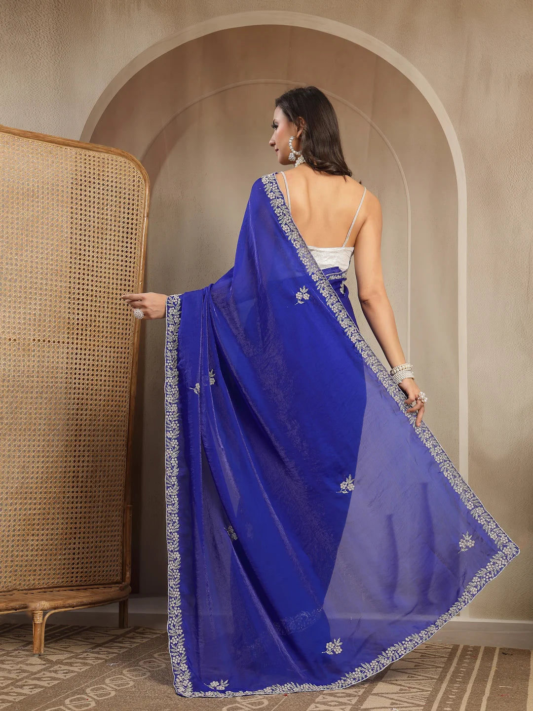 Back Drape and Pallu Fall View of Royal Blue Space Silk Saree