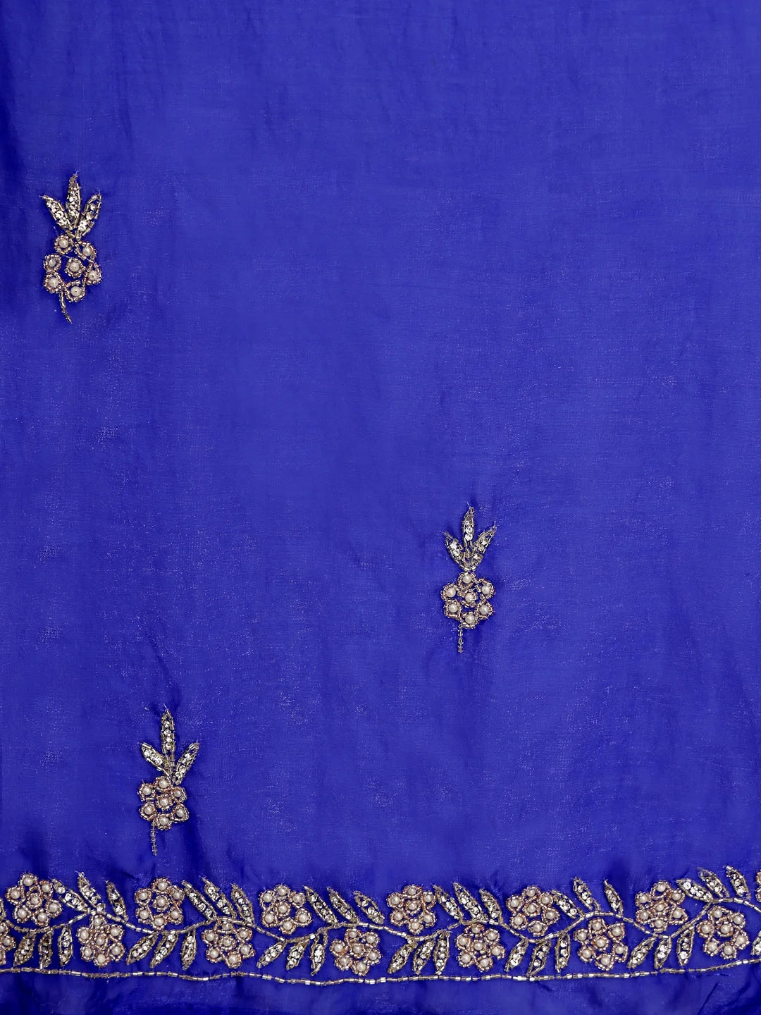 Close up View of Royal Blue Space Silk Fabric and Motif Work