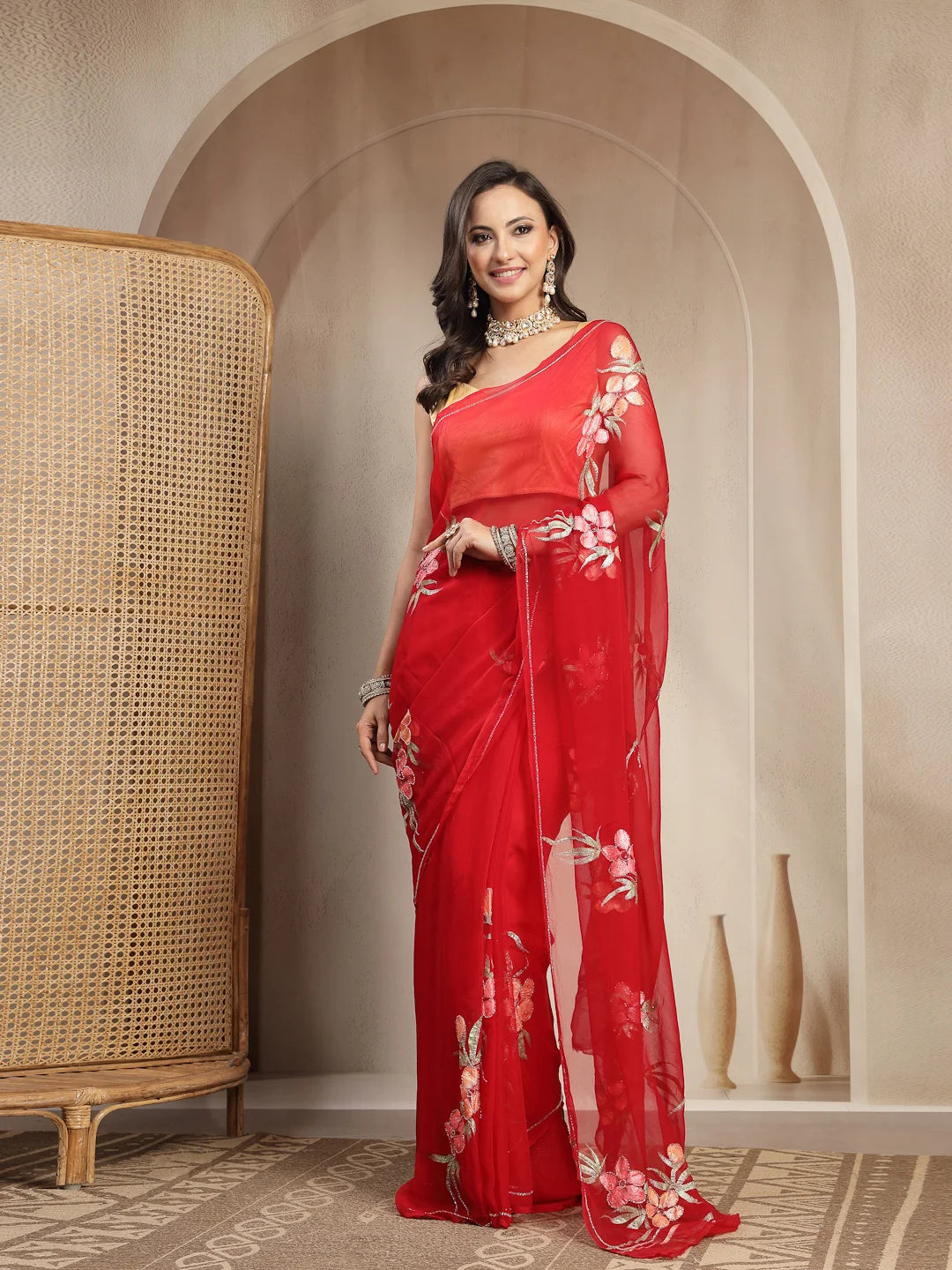 Crimson Red Pure Chiffon Saree with Handpainted Floral Embroidery - Sukunj