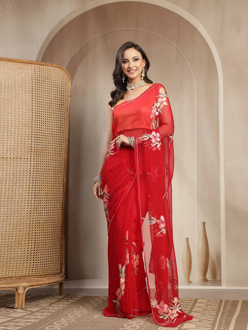 Crimson Red Pure Chiffon Saree with Handpainted Floral Embroidery - Sukunj