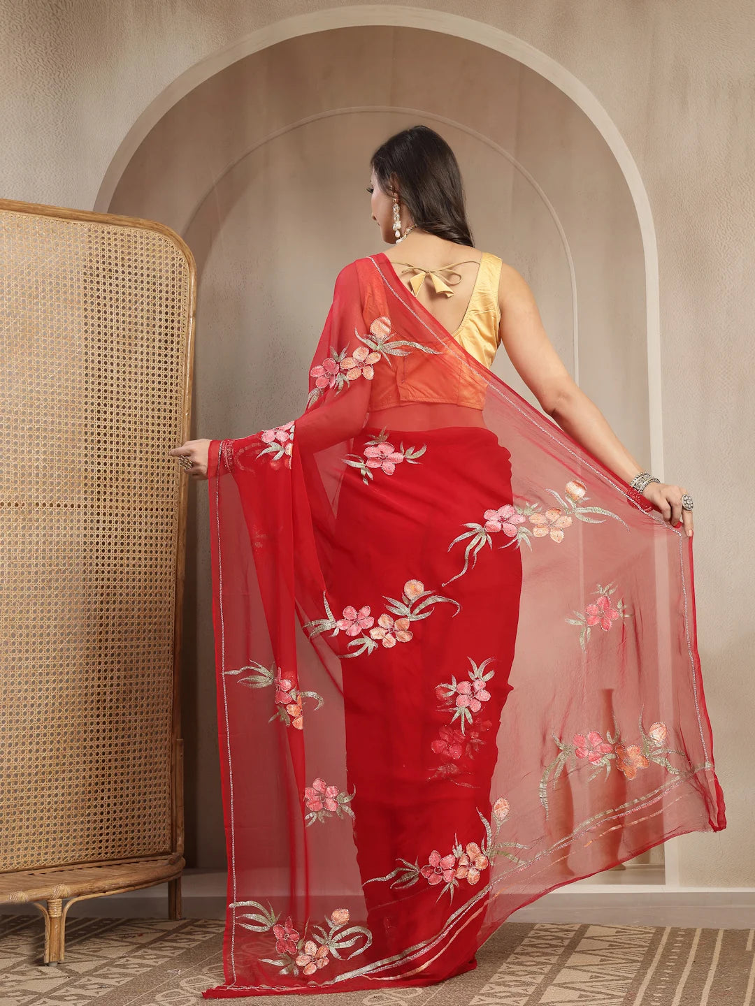 Back View and Graceful Drape of Red Pure Chiffon Saree