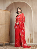 Crimson Red Semi Chiffon Saree with Pink Floral Bloom Embroidery - Sukunj