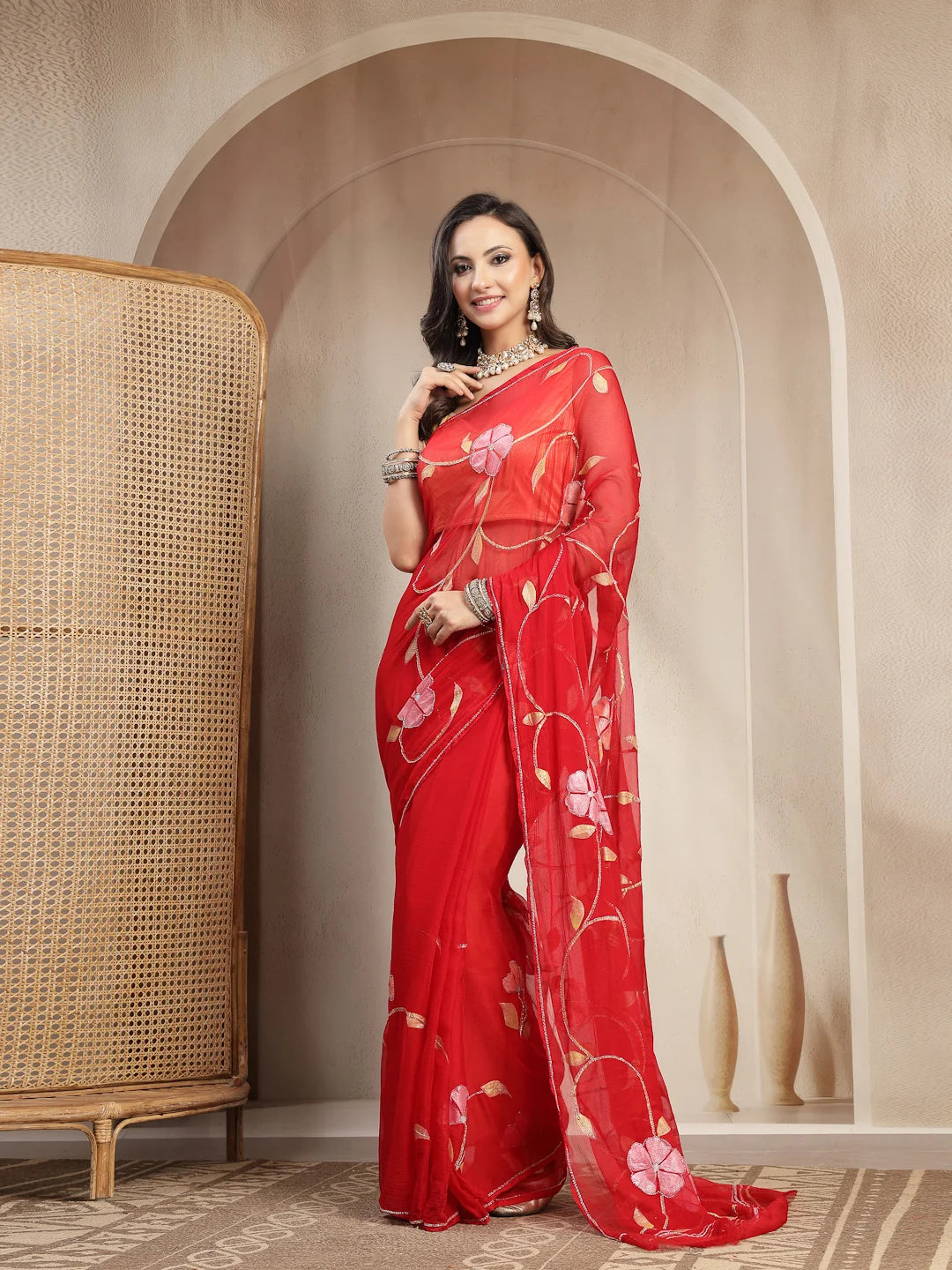Crimson Red Semi Chiffon Saree with Pink Floral Bloom Embroidery - Sukunj