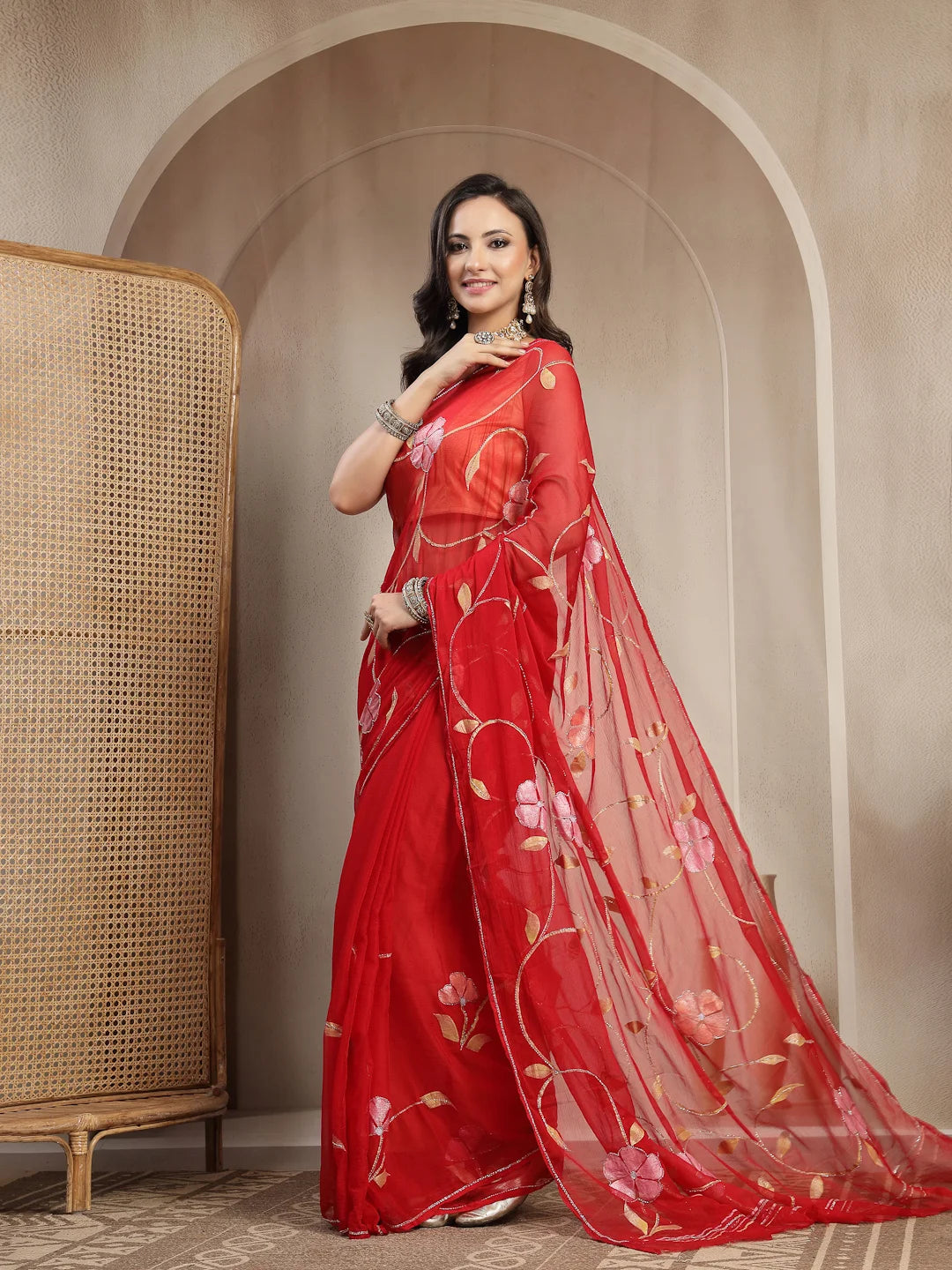 Side View of Translucent Red Semi Chiffon Designer Saree