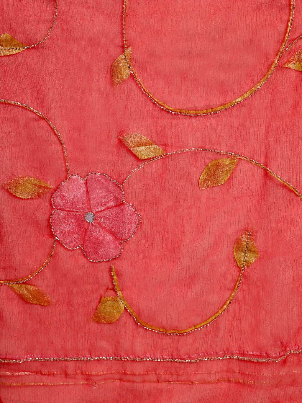 Unstitched Red Semi Chiffon Blouse Piece with Floral Detailing