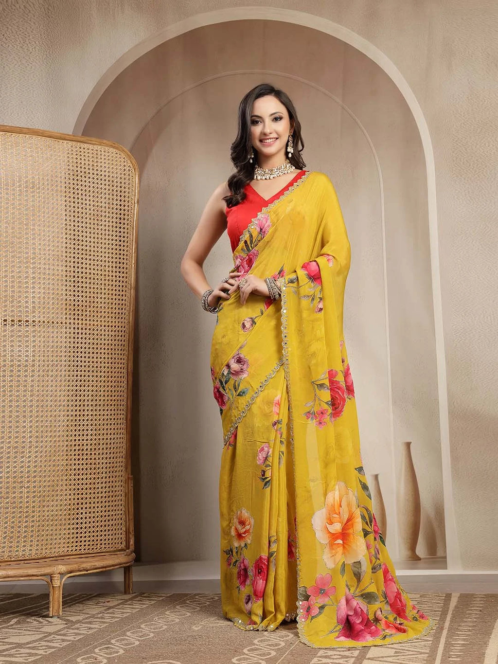Mustard Yellow Pure Chinon Saree with Digital Floral Print and Cutdana Work - Sukunj