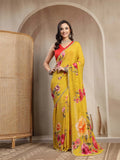 Mustard Yellow Pure Chinon Saree with Digital Floral Print and Cutdana Work - Sukunj