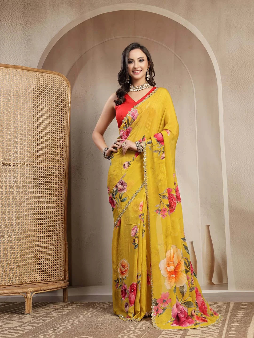 Mustard Yellow Pure Chinon Saree with Digital Floral Print and Cutdana Work - Sukunj