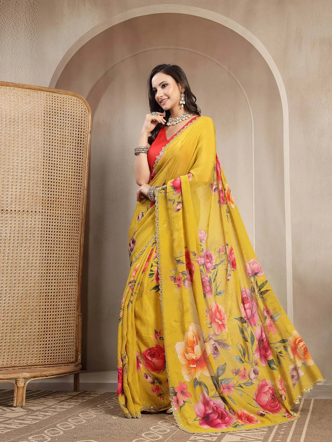 Side View of Mustard Yellow Floral Print Chinon Saree with Red Blouse