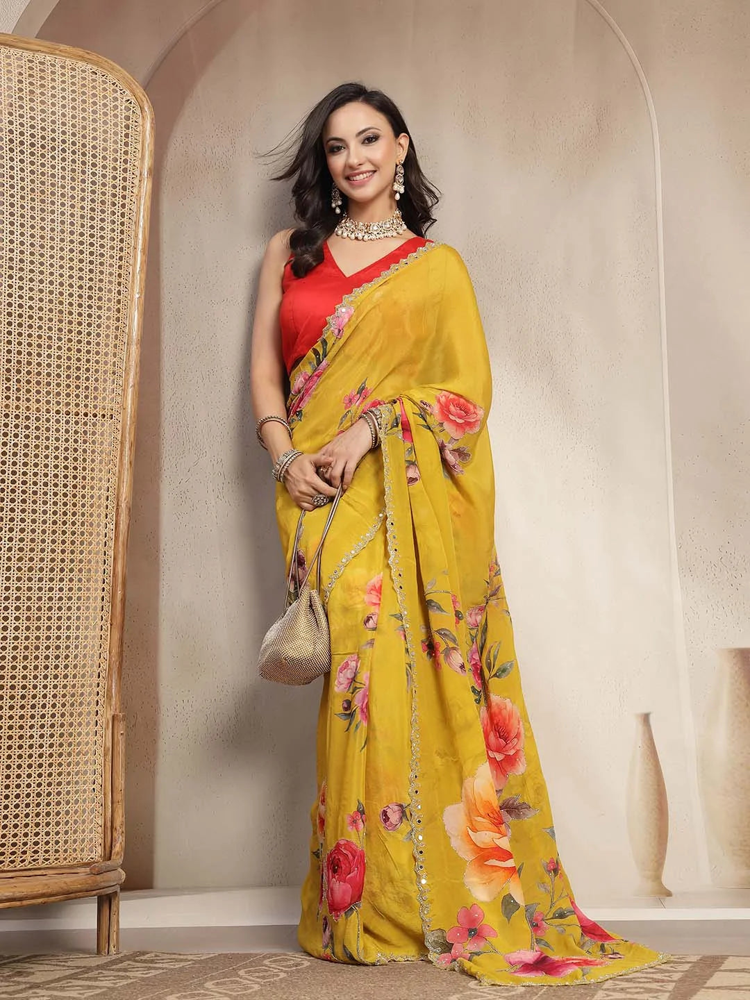 Back Drape View of Floral Print Mustard Yellow Chinon Partywear Saree