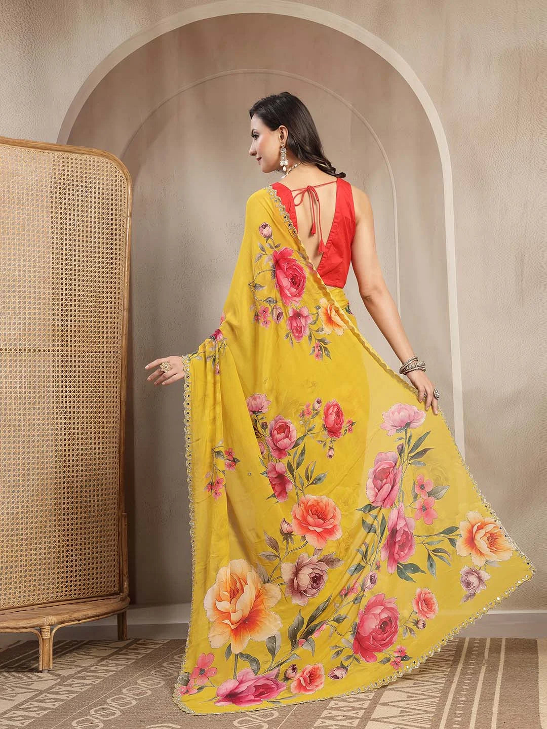 Back Drape View of Red Space Silk Cutwork Border Saree