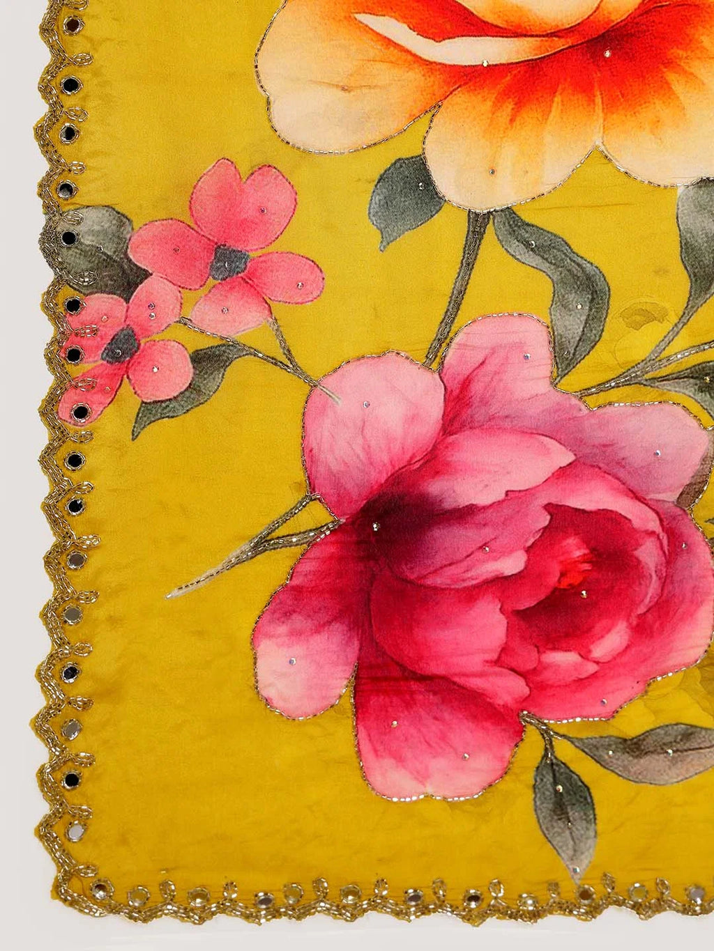 Close up Shot of Floral Embroidered Motif on Red Silk Pallu Corner