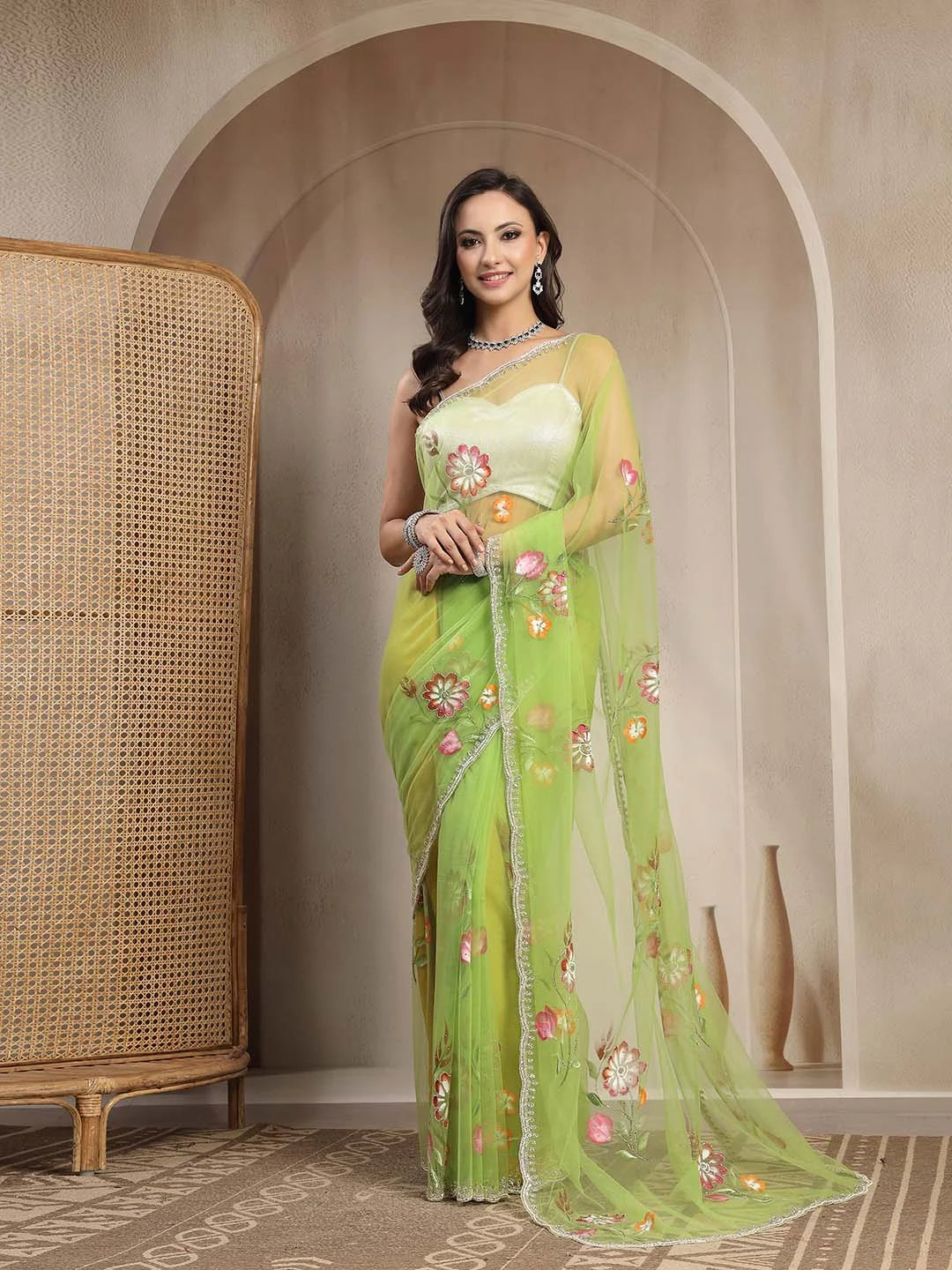 Parrot Green Soft Butterfly Net Saree with Handpainted Floral Motifs - Sukunj