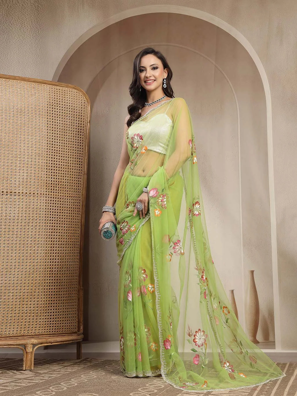 Side View of Light Parrot Green Handpainted Net Saree