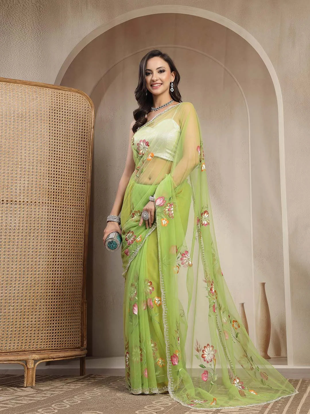 Side View of Light Parrot Green Handpainted Net Saree