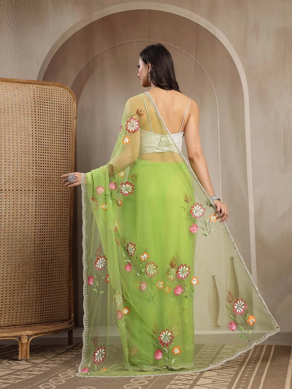 Back Drape and Pallu Fall View of Soft Butterfly Net Saree